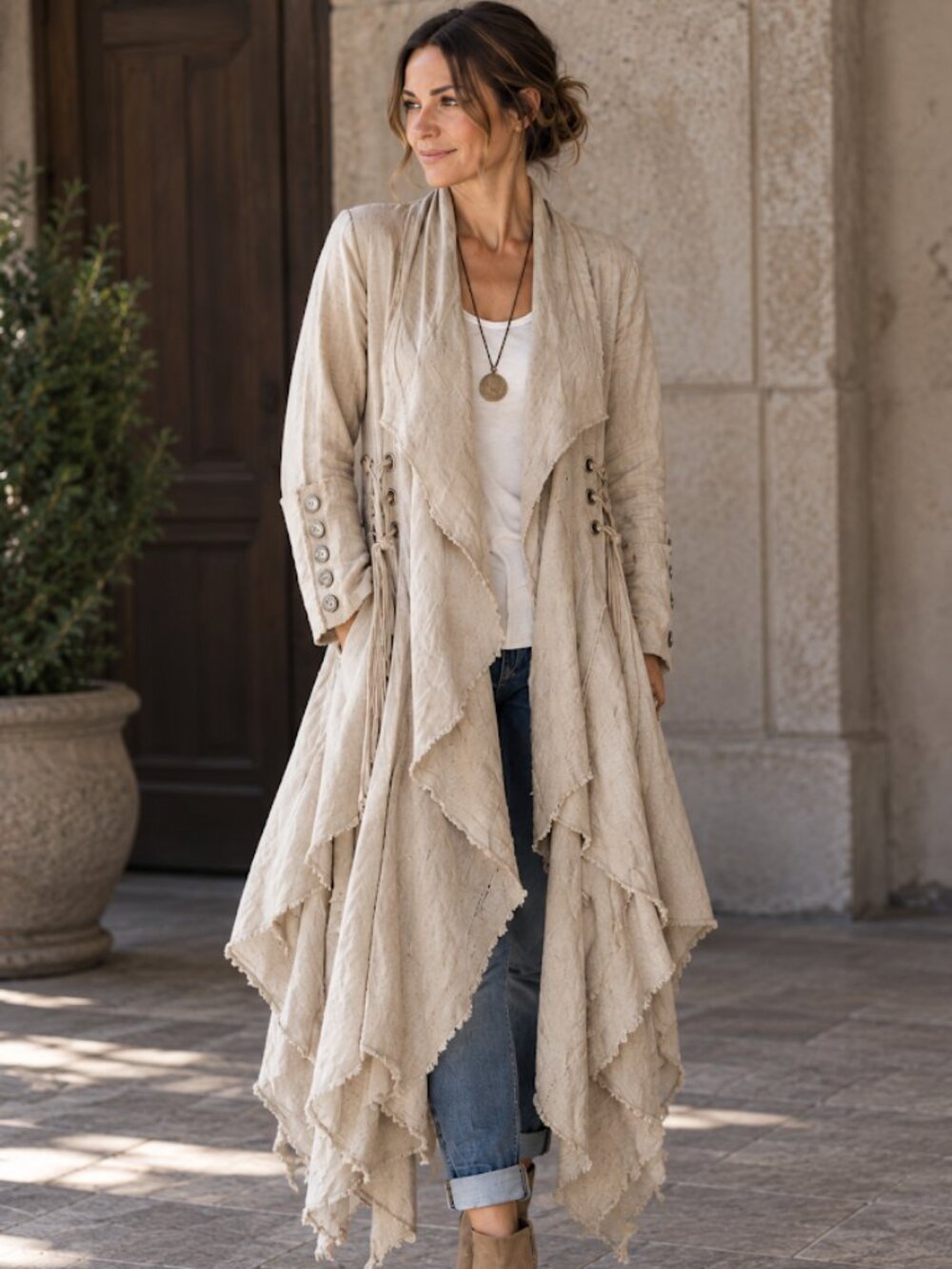 Free People 100% Linen Boho Dusterโข Corset Lace-Up Sides XS V=Boho Lagenlook